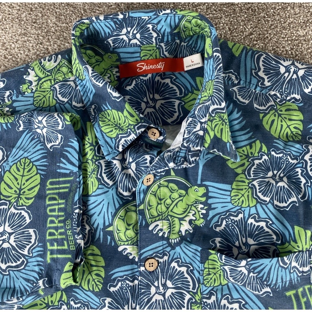 Shinesty All Over Terrapin Brewing Button Down Hawaiian Shirt Blue/Green Mens L